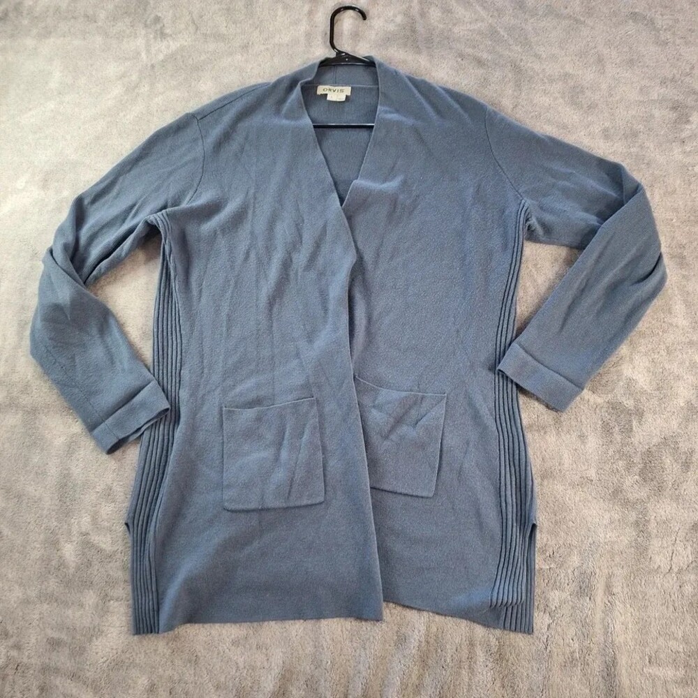 Orvis Sweater Womens Large Blue V Neck Open Front Cardigan Long Sleeve Pockets